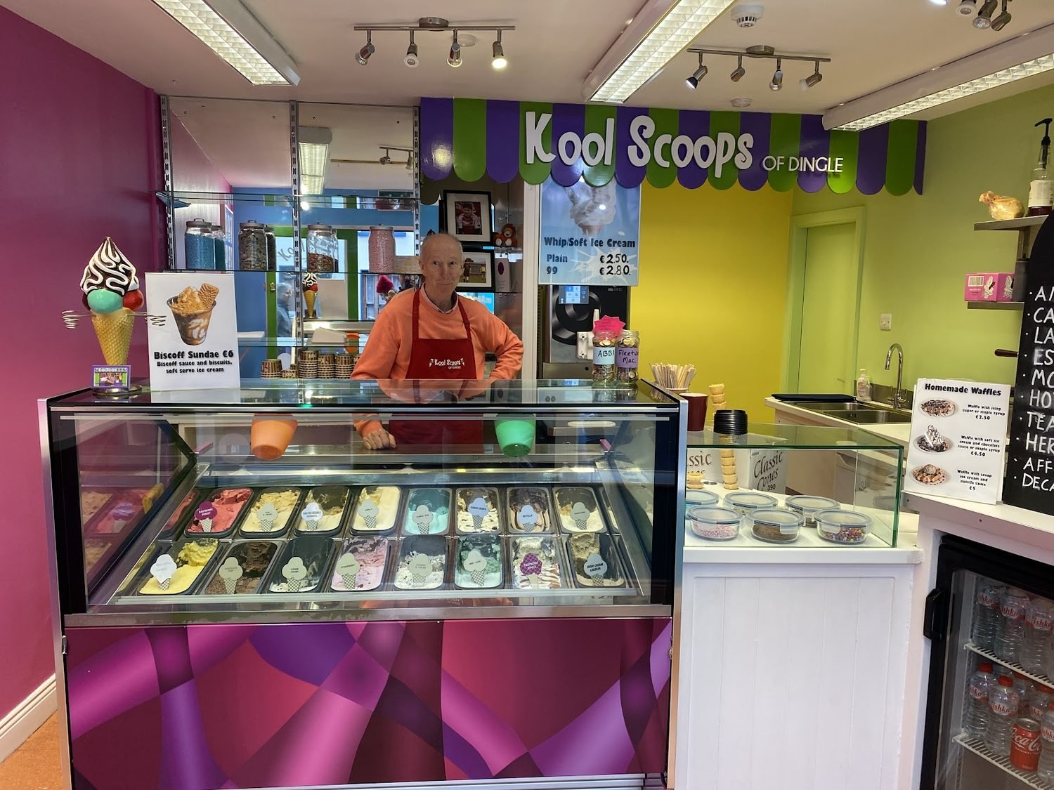 Inside Kool Scoops of Dingle — the gelato display case full of flavours and the counter