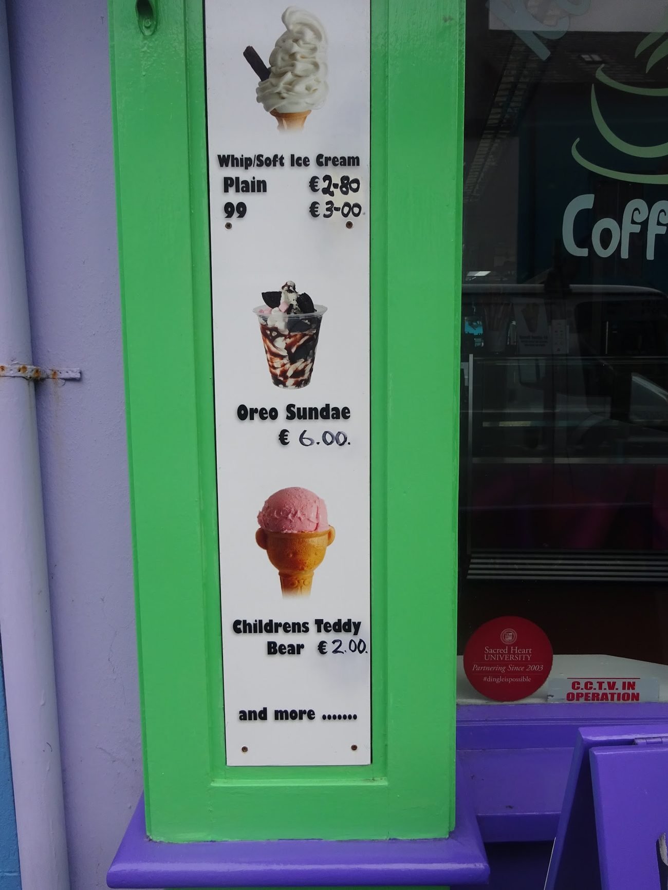 The Kool Scoops shop price board: 99s, sundaes and coffee