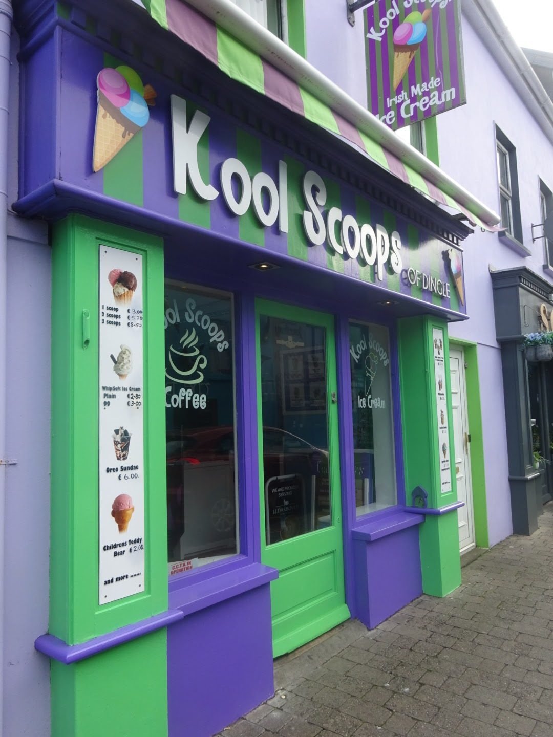 The purple and green Kool Scoops shopfront on Strand Street, Dingle